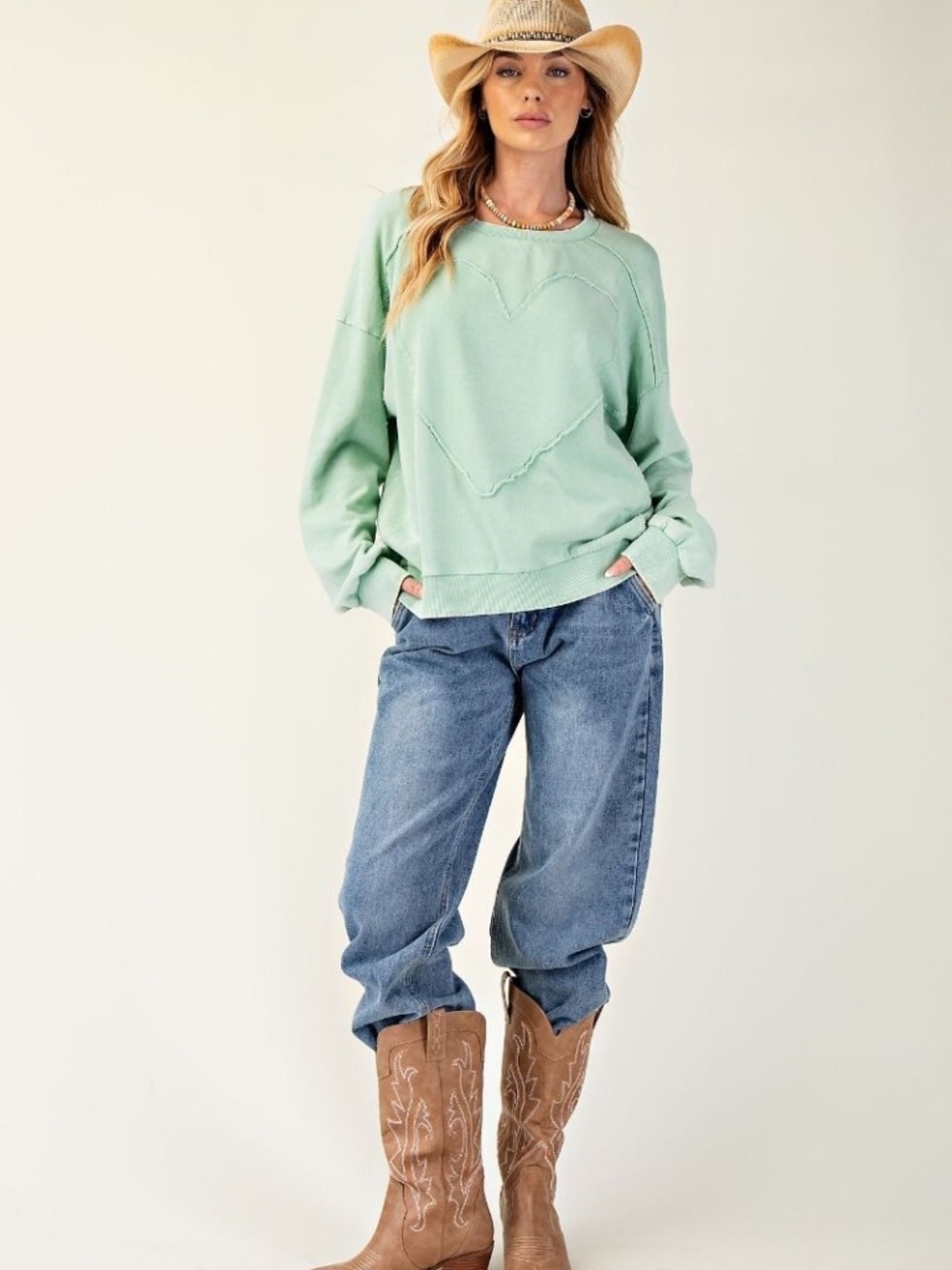 NEW EASEL WASHED TERRY KNIT PULLOVER HEART SWEATSHIRT TOP GREEN PLUS SIZE MINT - Picture 3 of 5